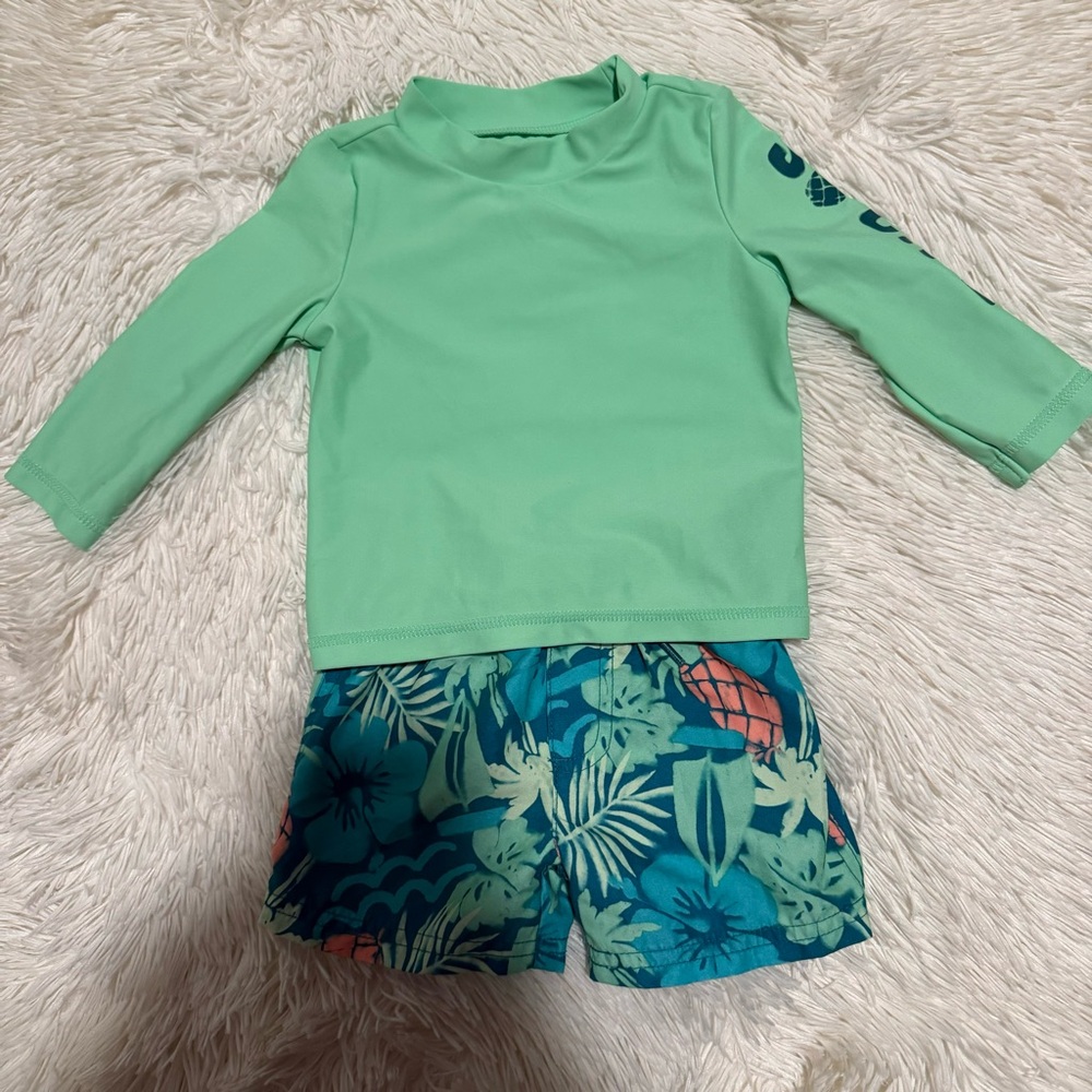 Carter's Teal Tropical Shorts And Top with Coral Accents